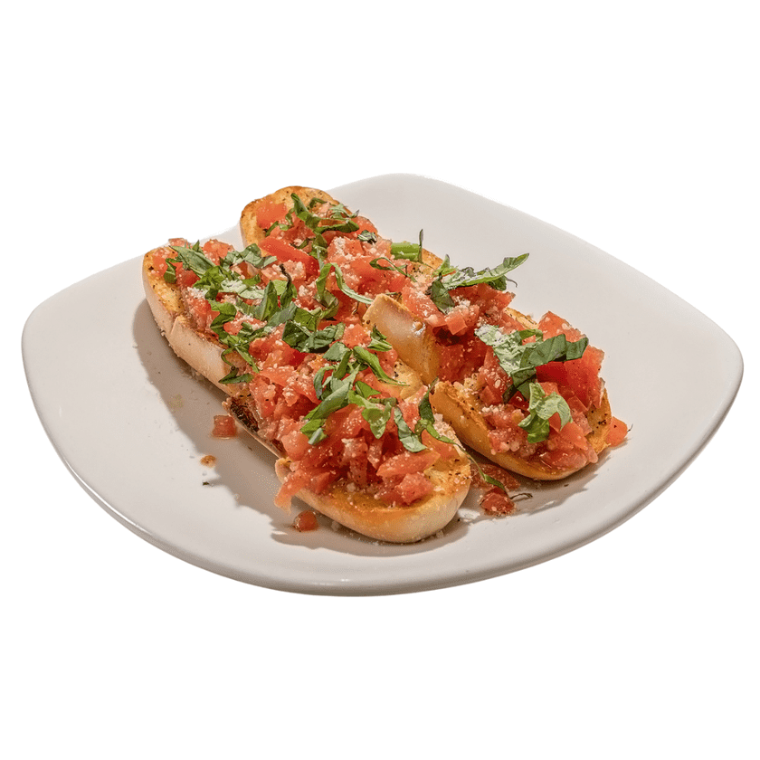 Three toasted bread slices topped with diced tomatoes, herbs, and grated cheese on a white plate.