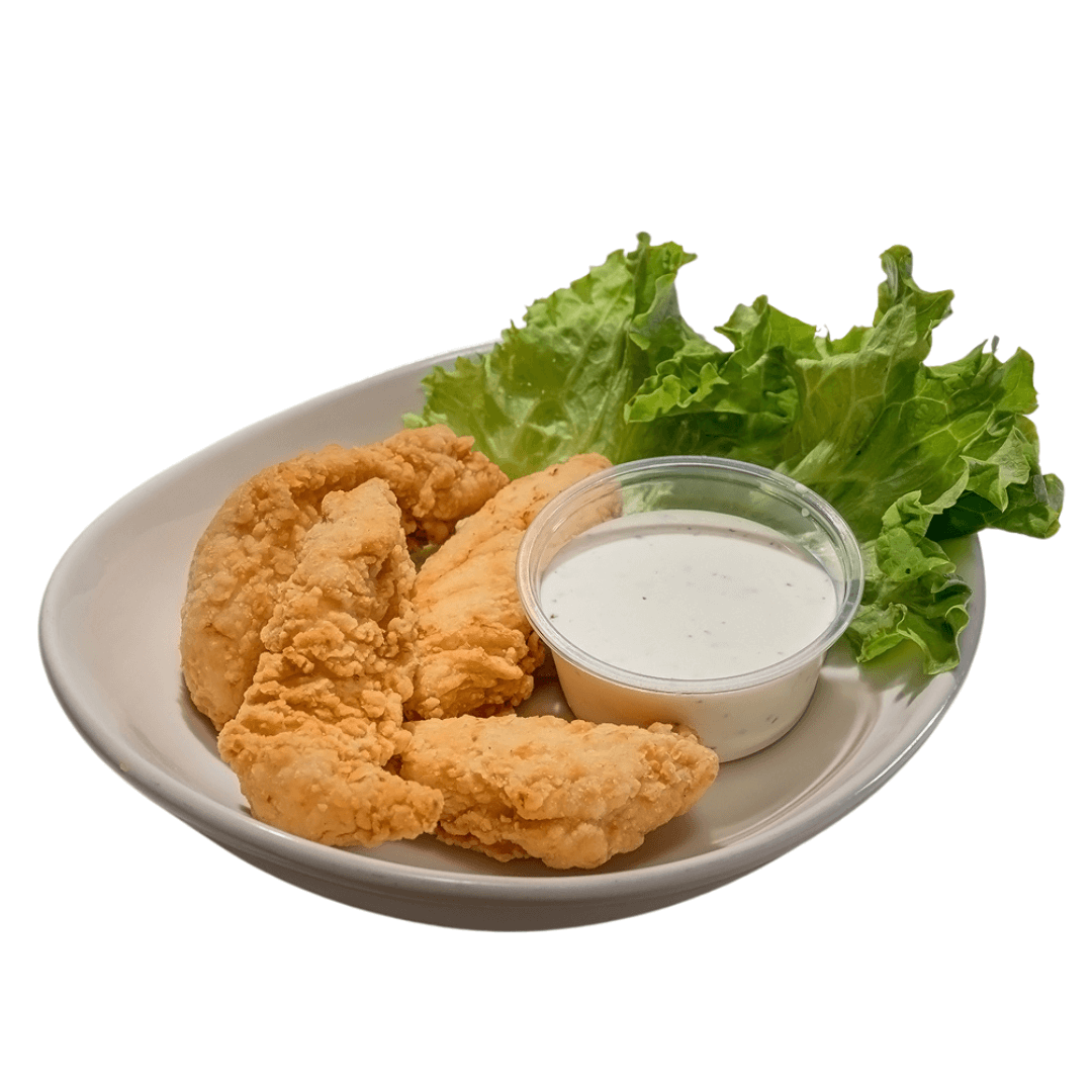 A plate with three pieces of fried chicken, a small cup of ranch dressing, and a side of lettuce.