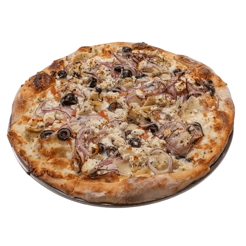 A round pizza topped with cheese, black olives, onions, and artichoke pieces on a golden crust.